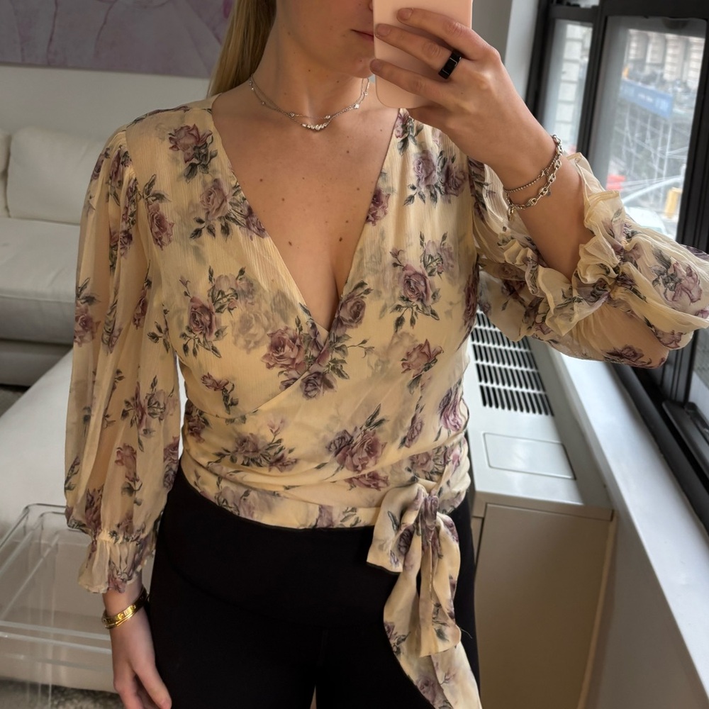 LoveShackFancy Floral Wrap Top - Cream and Purple